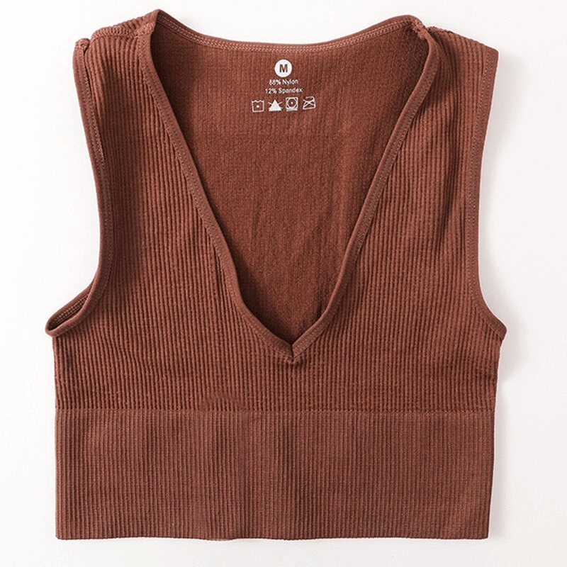 Women's ribbed seamless tank top in brown with deep V-neck design, ideal for yoga and running. Made of 88% polyester and 12% spandex.